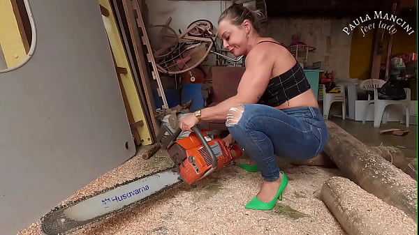 Cranking chainsaw and smoking