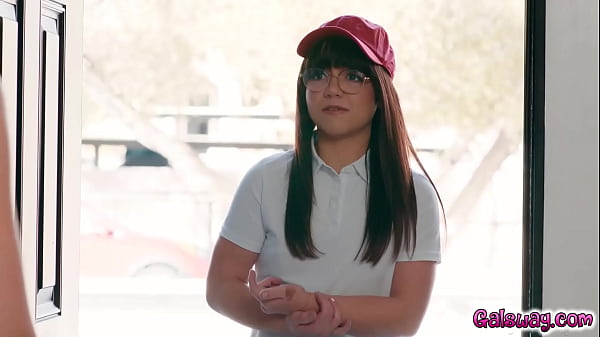 RIver Lynn and the pizza delivery girl Mochi Mona giving Celestina Blooms her first lesbian sex