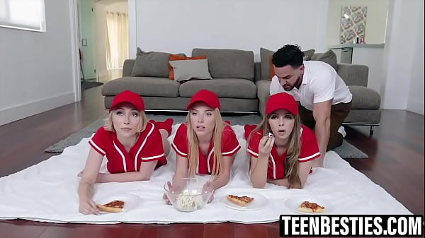 Sporty teenage BFFs interrupted while watching a game to have their pussies railed in a foursome.