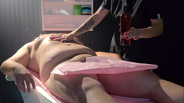 the LINGAM massage with prostate massage, the masseuse took care of the fat guy